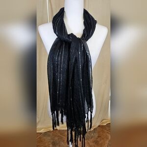 NWT Elegant Black and Silver Striped Woven Scarf With Sequins